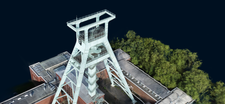 3D-Rekonstruktion des Förderturms des Deutschen Bergbau-Museums, betrachtet aus der Vogelperspektive.