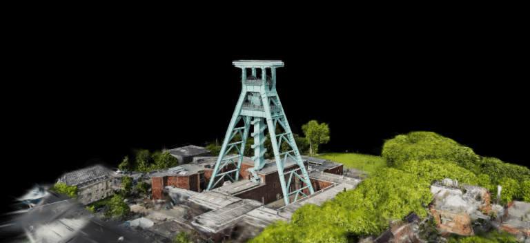Beitragsbild zum Experiment "Vergleich von Rekonstruktionen", das einen 3D Gaussian Splat des Fördergerüsts des Deutschen Bergbau Museums Bochum zeigt.