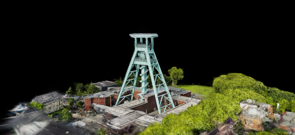 Beitragsbild zum Experiment "Vergleich von Rekonstruktionen", das einen 3D Gaussian Splat des Fördergerüsts des Deutschen Bergbau Museums Bochum zeigt.